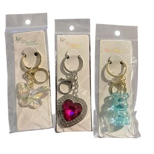 Crystal Keychain Set with Bear, Heart, and Butterfly